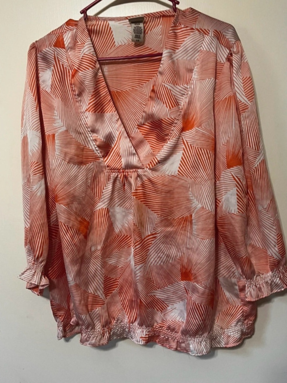 Covington Orange and White Printed V-Neck Blouse
